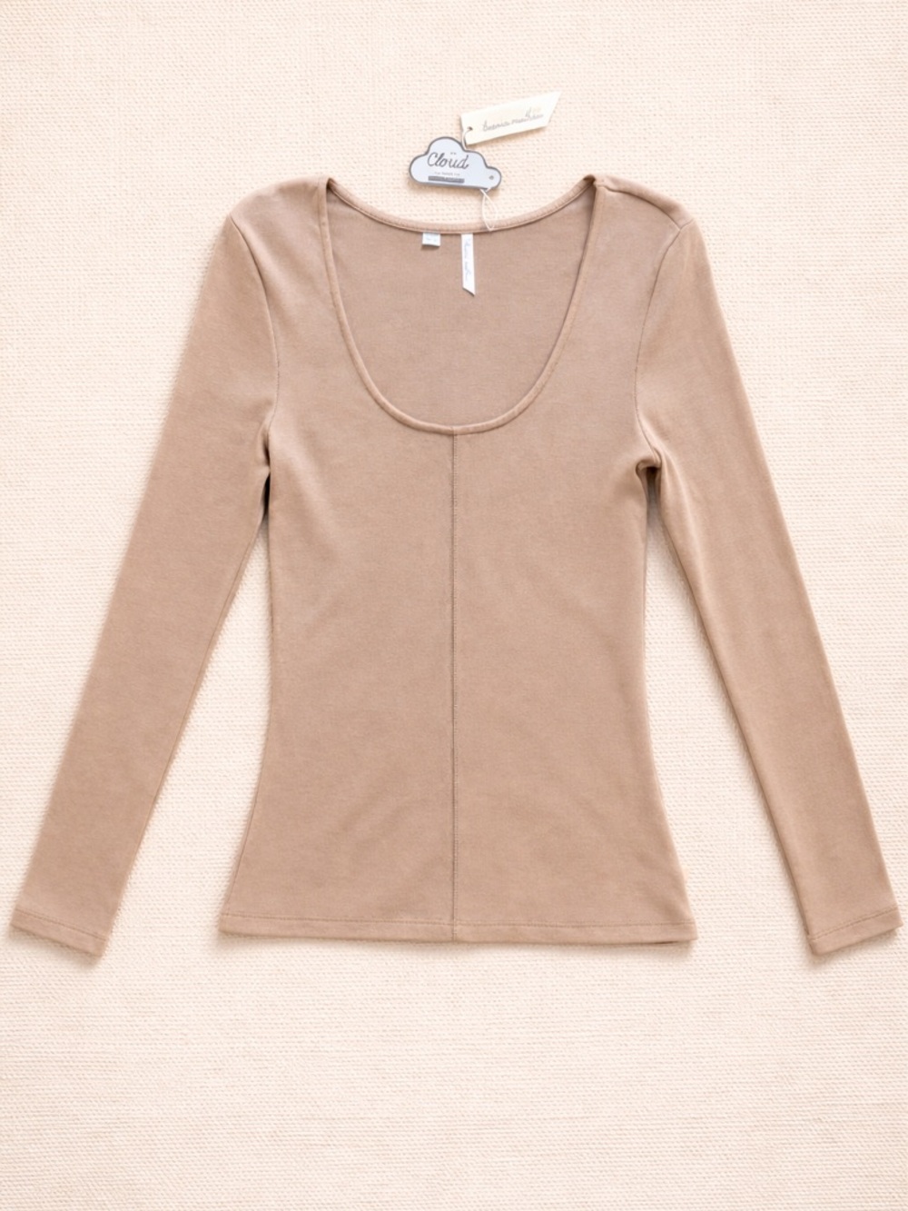 Travis Mathew Cloud Collection Ribbed Knit Beige Scoop Neck Long Sleeve Top L